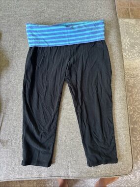 Black Capri Leggings with Blue Striped Waistband